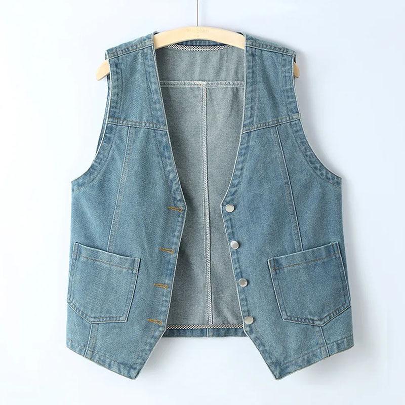 Denim Vest Jacket Summer Vintage Women Casual Solid Color Sleeveless Jean Jacket Top