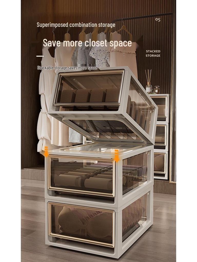 Transparent Plastic Underwear and Socks Drawer Organizer for Bedroom Wardrobe - Three-in-One Pull-Out Storage Box