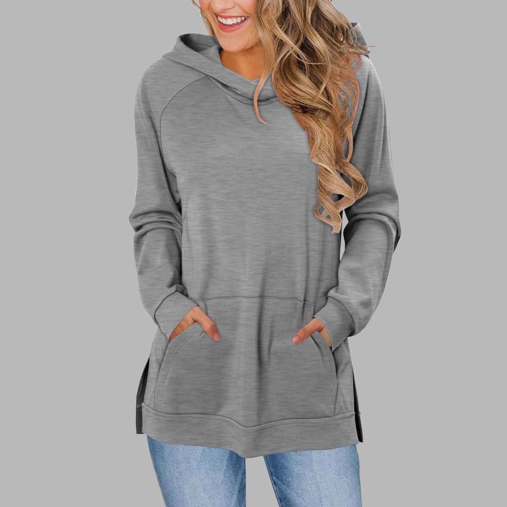 Women's Fashionable Solid Color Hoodie With Shoulder Wiping, Long Sleeved Pockets, Slit Hem, Hoodie Top