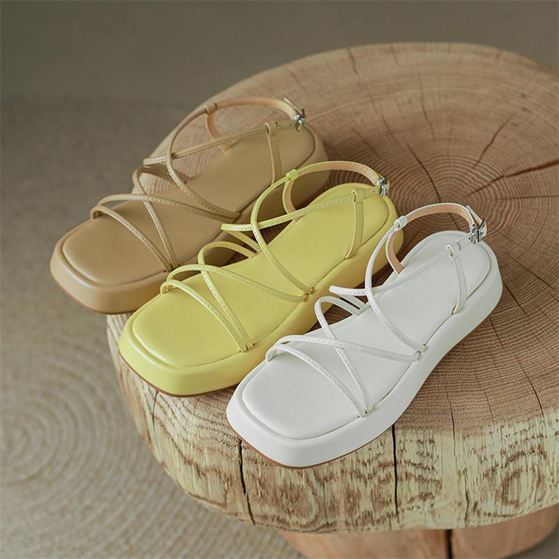 Meotina Femmes chaussures en cuir véritable plate-forme été boucle sandales sangle croisée chaussures pour dames abricot jaune cuir de vache