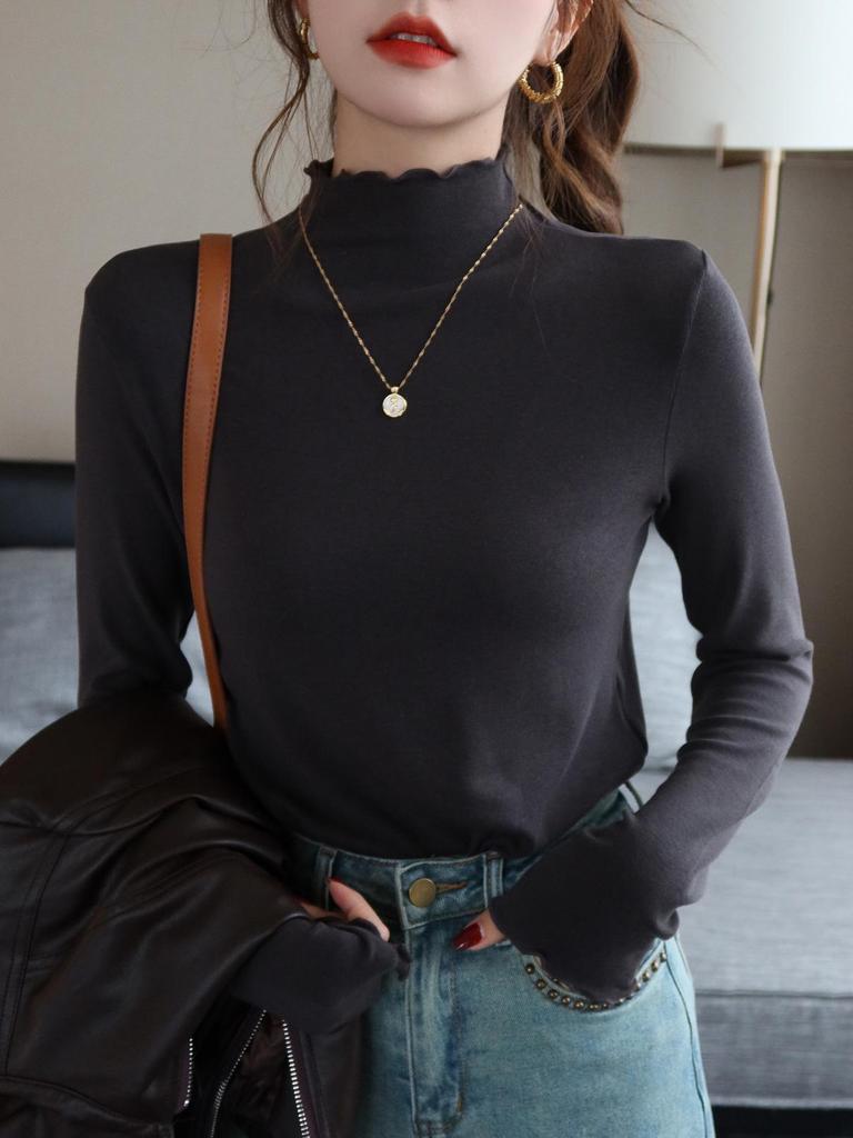 Women's Autumn/Winter 2024 Slim Fit High-Neck Purple Wood Ear Trim Top