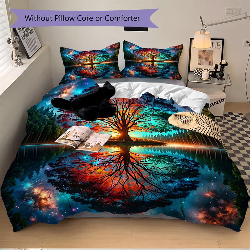 3pcs The Enchanted Tree in a Dreamlike Forest Pattern Bedding Set, 1* Cover + 2*Pillowcases, Printed Bedding Set, Soft