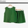 ZANZEA Women Summer Round Neck Sleeveless Vest Pocket Shorts Sets
