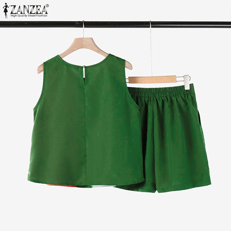 ZANZEA Women Summer Round Neck Sleeveless Vest Pocket Shorts Sets