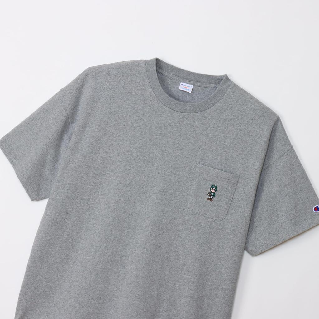 Short Round Graphic Short Sleeve Pocket Oxford Gray [Champion] T-Shirt, Sleeve, Neck, 100% Cotton, Embroidery, Print, T-Shirt, Men's Casual, C3-Z327,