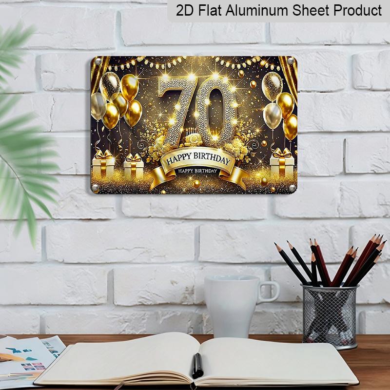2D Flat, 1pc "70th Happy Birthday" Gold Glitter Aluminium Plaque Sign 12x8 Inch - Black & Gold 70th Birthday Balloon Design, Metal Wall Decor for
