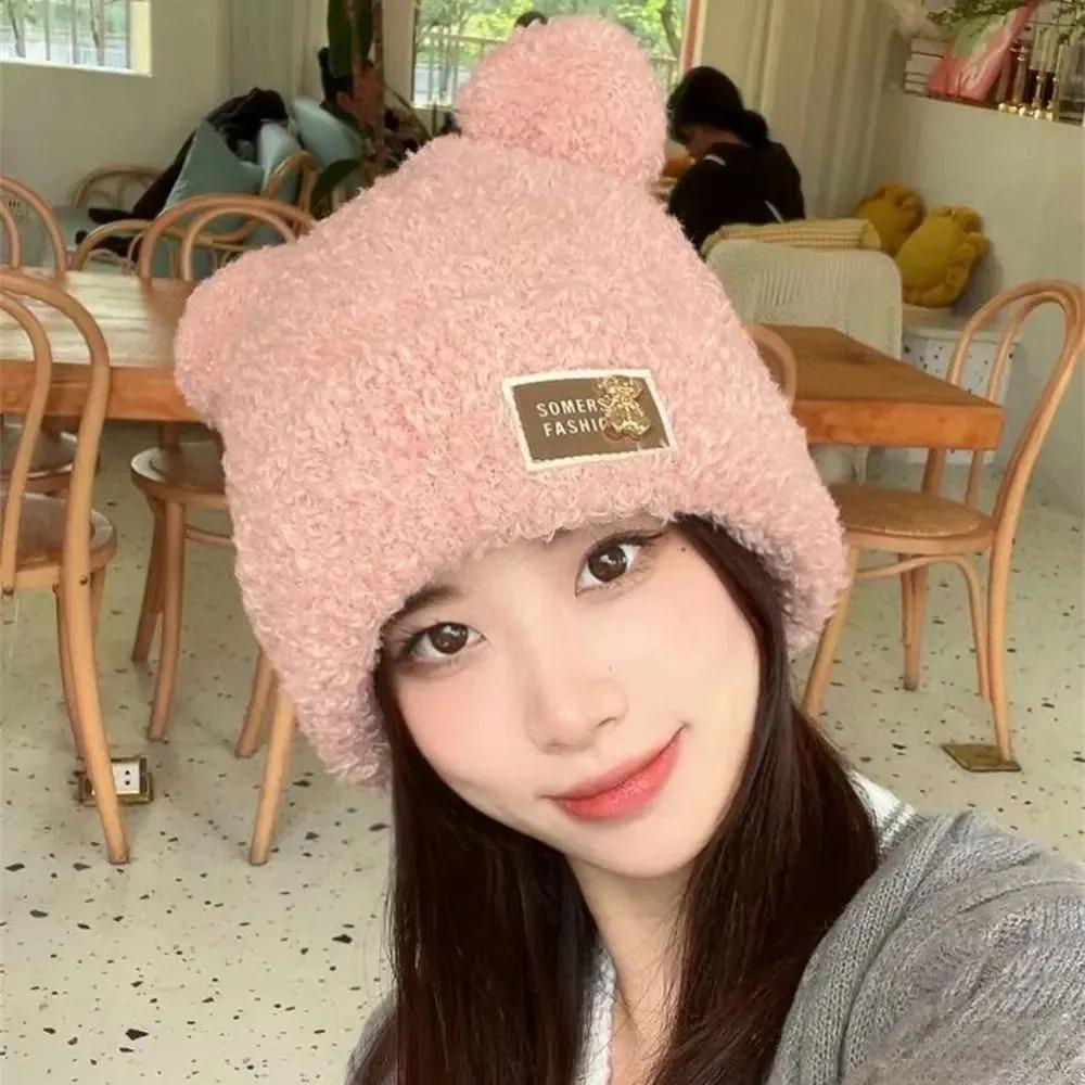 Women Fashion Bear Ears Knitted Hat Thickened Plush Cap