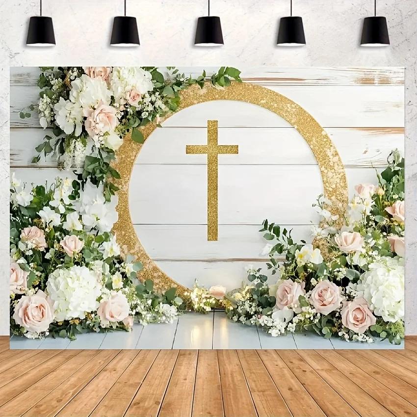 Elegant Floral Baptism and First Communion Background - Gold Ring and Cross Design with Pink Roses and Green Leaves