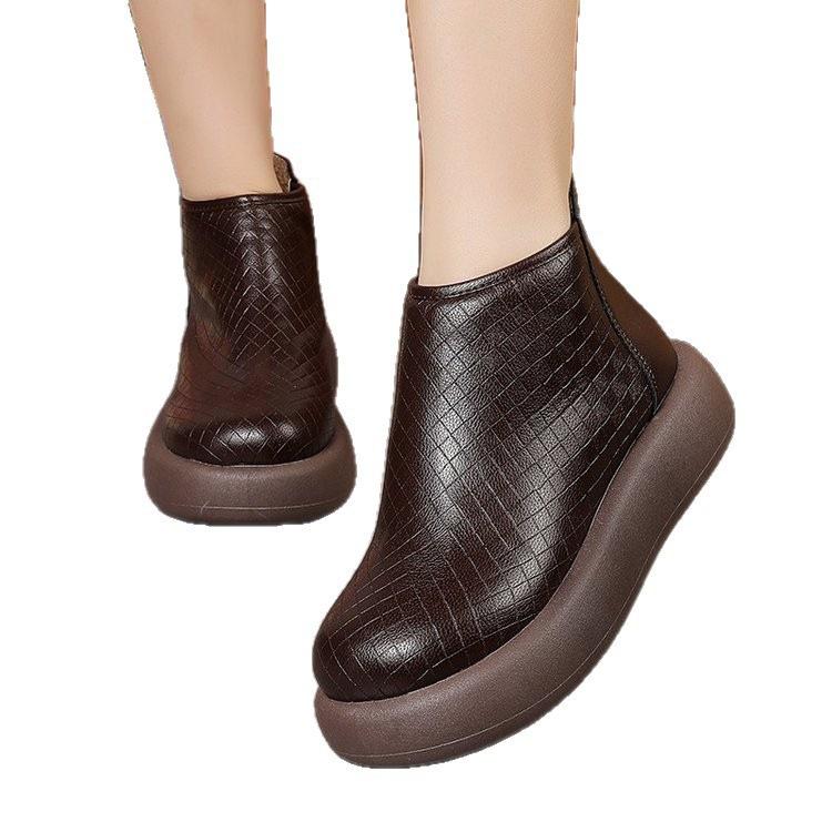 Small Short Boots Autumn and Winter New Retro Wedge Heel Thick Sole Heightened Zipper Cotton Boots Velvet Warm Martin Boots