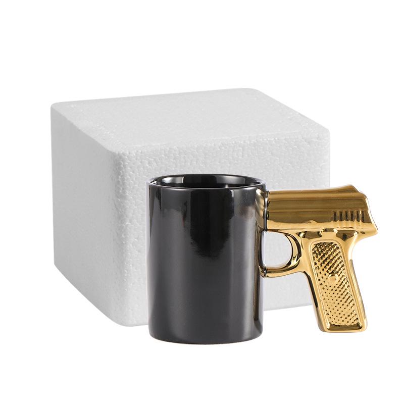Personalized Ceramic Mug with Gold & Silver Gun Handle, 3D Design, Colored Glaze