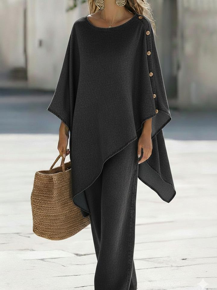 Women Solid Color Button Detail Top and Pants Set Casual Loose Fit Wide Leg Pants Two Piece Outfit