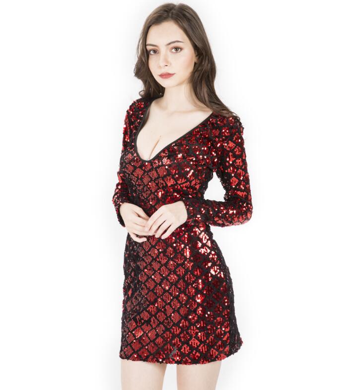 Women's Deep V Sexy Nightclub Geometric Sequin Dress Long Sleeve Dress Bead Piece Embroidered Dress