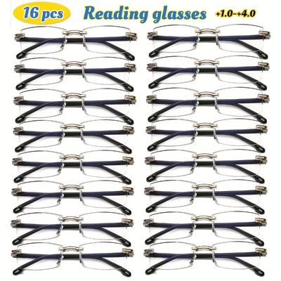 16 PCS Lightweight Frameless Reading Glasses with Blue Light Blocking for Men and Women Rectangular Frame +1.0 To+4.0