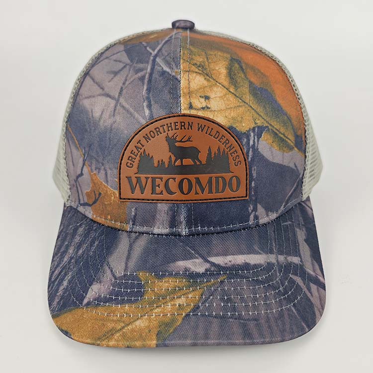 Forest Camouflage Trucker Cap Custom Leather Patch Logo Deer Hunting Adjustable Mesh Back Hat Custom Size