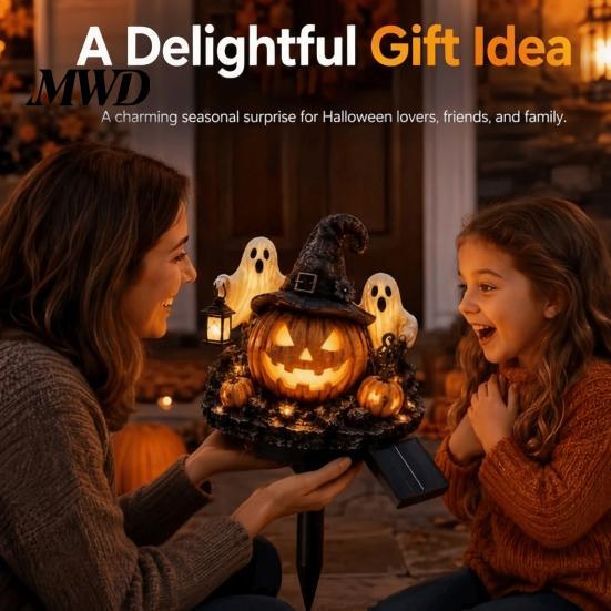 Halloween Porch Lighting Solar Pumpkin Garden Stake Light, Waterproof LED Yard Decoration with Automatic Dusk To Dawn Light Wizard Hat And Ghost,