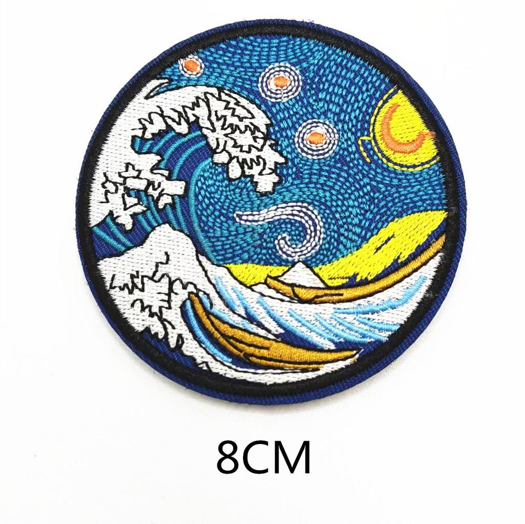 Gyeonggi Ukiyo-e Wave Embroidered Velcro Patch for Backpacks