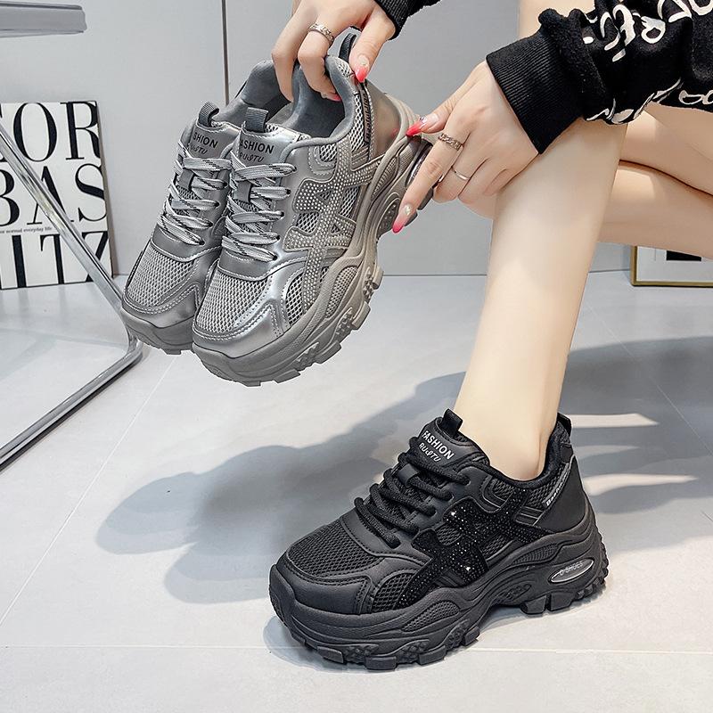 Platform Dad Shoes Women's 2025 Spring and Autumn New Heightening Versatile Breathable Mesh Casual Silver Sports Running Shoes