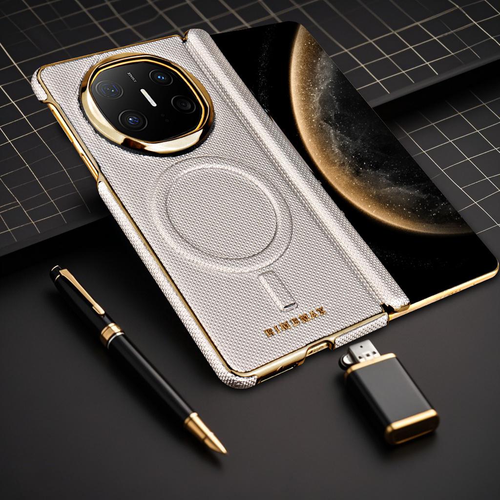 Luxury Skin Feel Textured Leather Case For Huawei Mate X6 X5 X3 Strong Magsafe Hinge Protection Straight-edged Arc Leather Cover