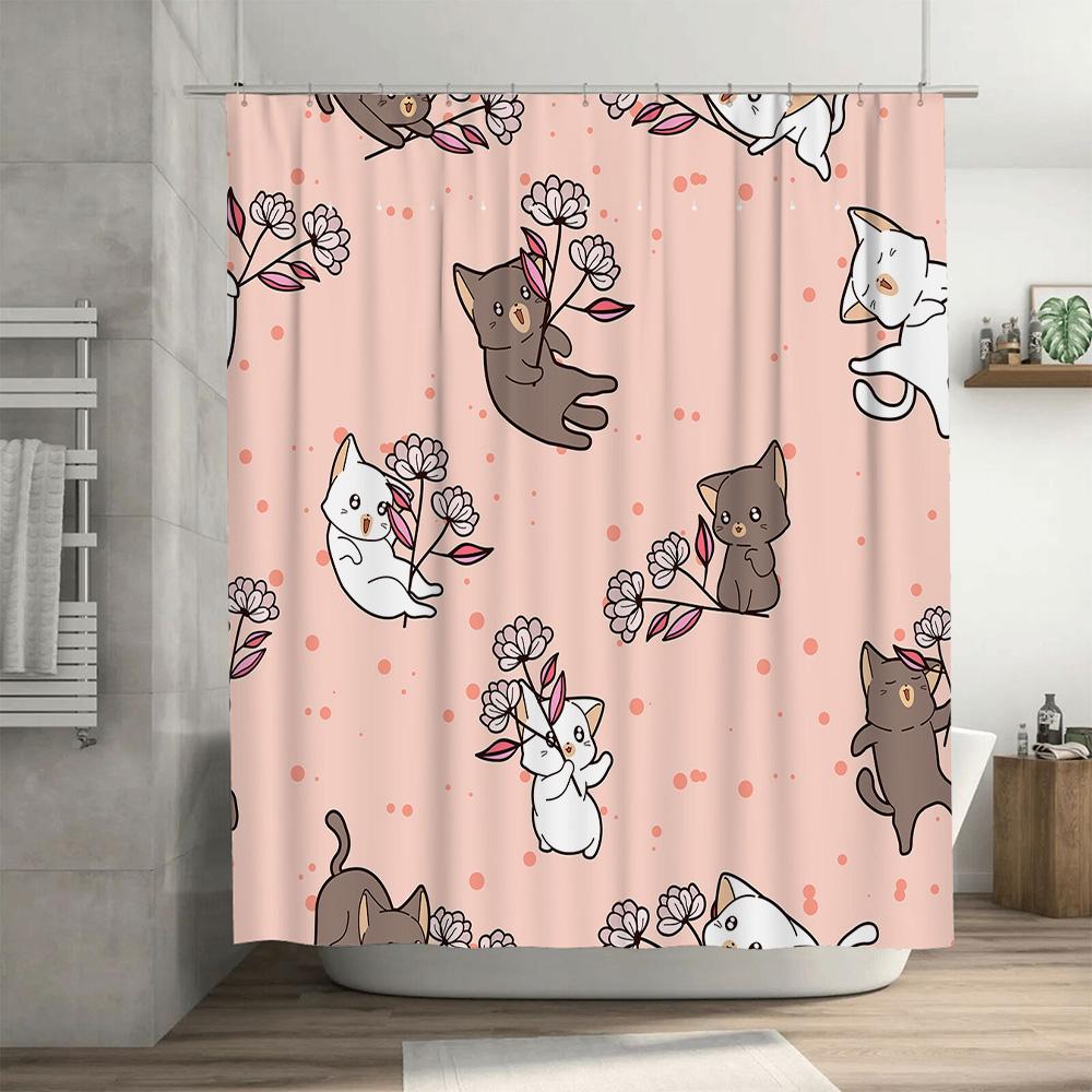 Kawaii Cats Shower Curtain Pink Floral Print Home Decor Waterproof Fabric Bathroom Shower Curtains For Kids Girls Gift