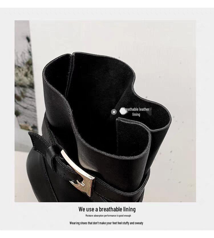 2025 Höst/Vinter Franskt Plisserade Läder Slip-On Klackskor Ankelboots: Eleganta och Bekväma Modekängor för Kvinnor