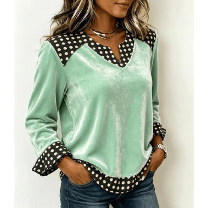 Plus Size Women V Neck Long Sleeve Polka Dot Patchwork Casual Sweatshirt