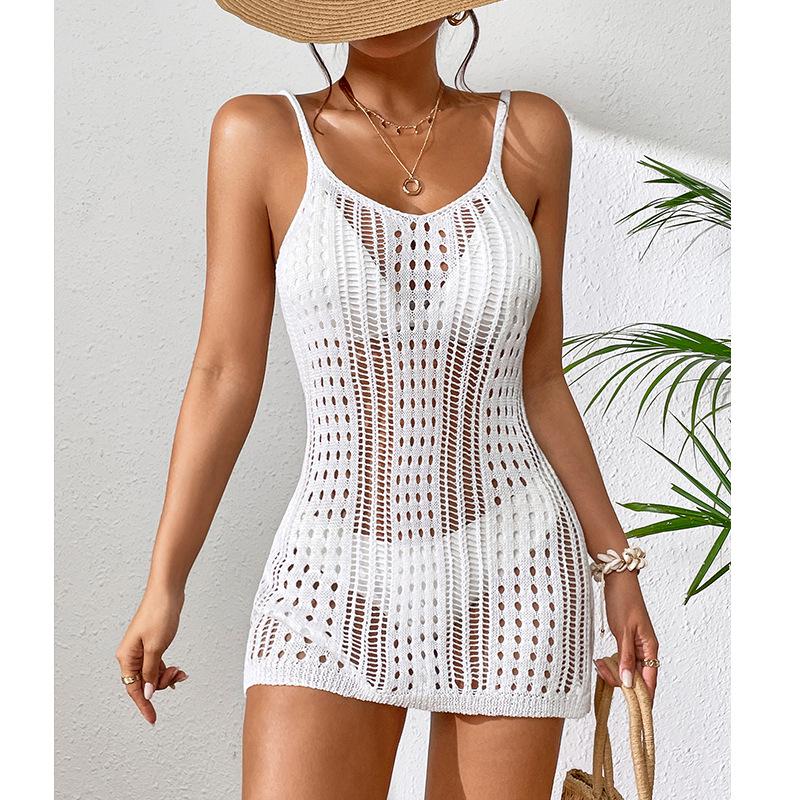 European and American Women's See-Through Spaghetti Strap Knit Beach Dress