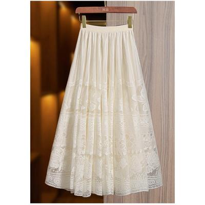 Fashion Temperament Mesh Hollow Lace Skirt Women's Spring Elastic Waist French Thin Medium and Long A-shaped Umbrella Skirt