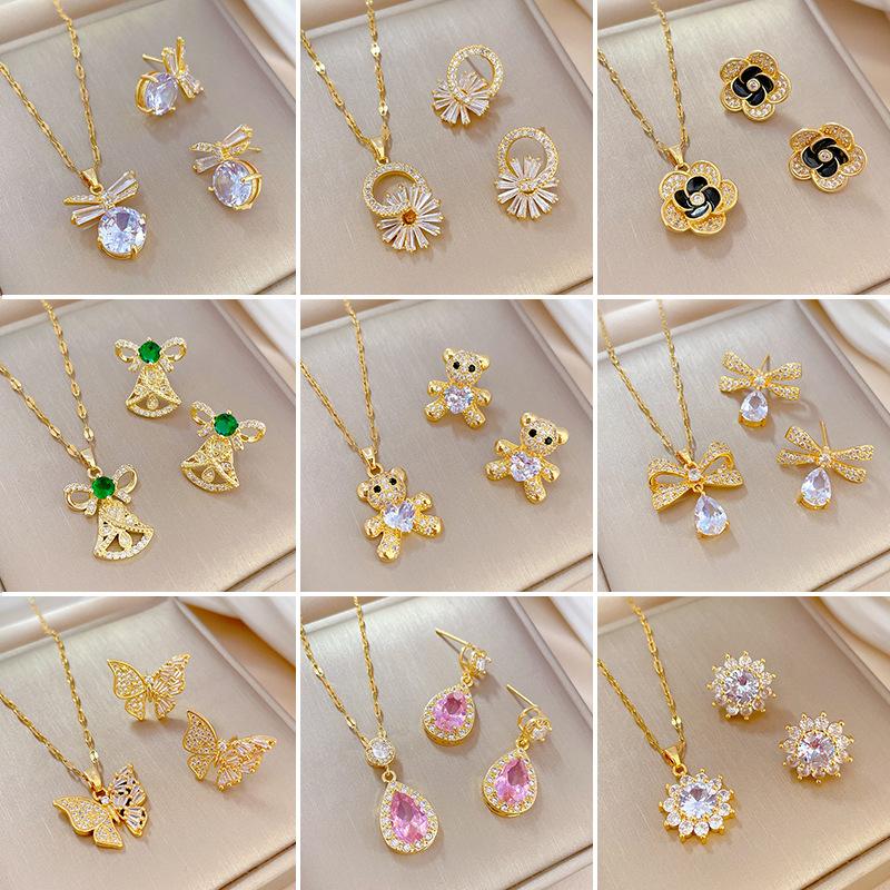 Luxury Shiny Zircon Flower Geometric Series Necklace Drop Earrings for Women Stainless Steel Chain Fashion Jewelry Set Gifts