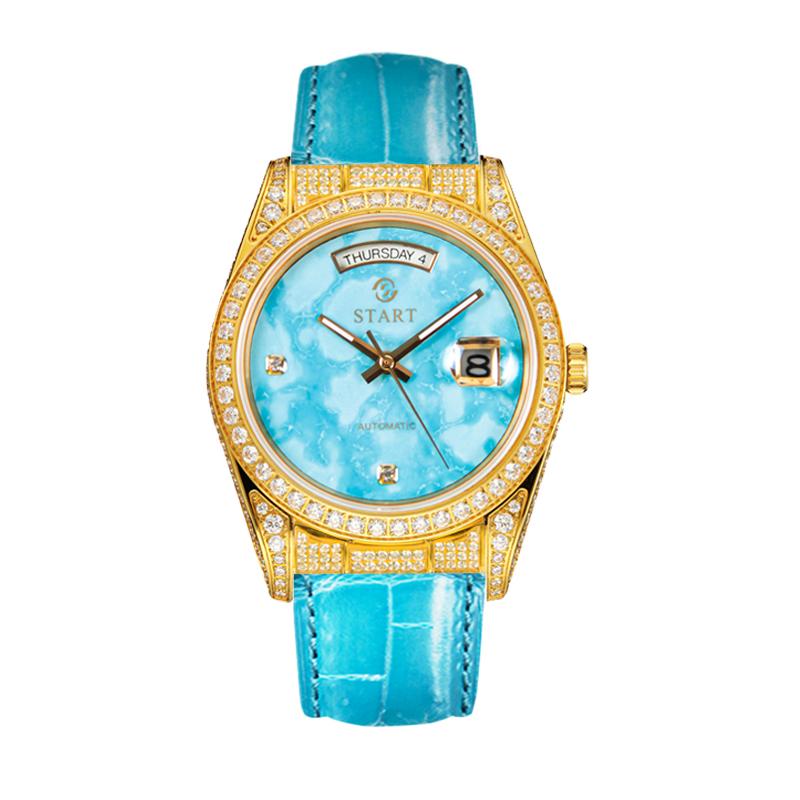 START-Turquoise Men's Watch Diamond Watch Week Function Automatic Mechanical Watch Butterfly Buckle Alligator Leather Strap