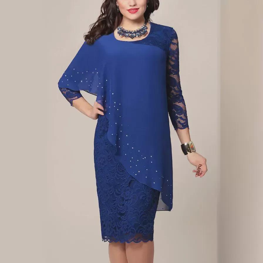 Elegant Three-Quarter Sleeve Solid Color Lace Trim Slim Dress for Plus Sizes