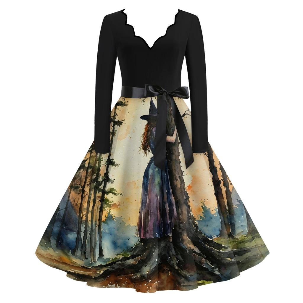 Women's Vintage Long Sleeve V-Neck Halloween Witch Print Party Dress