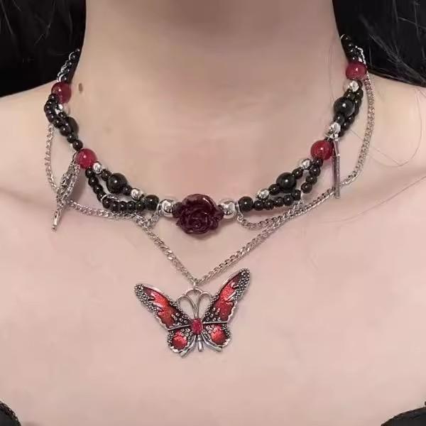 Dark Gothic Butterfly Flower Beaded Necklace Female High Sense Chocker Babes Sweet Cool Collarbone Chain Accessories