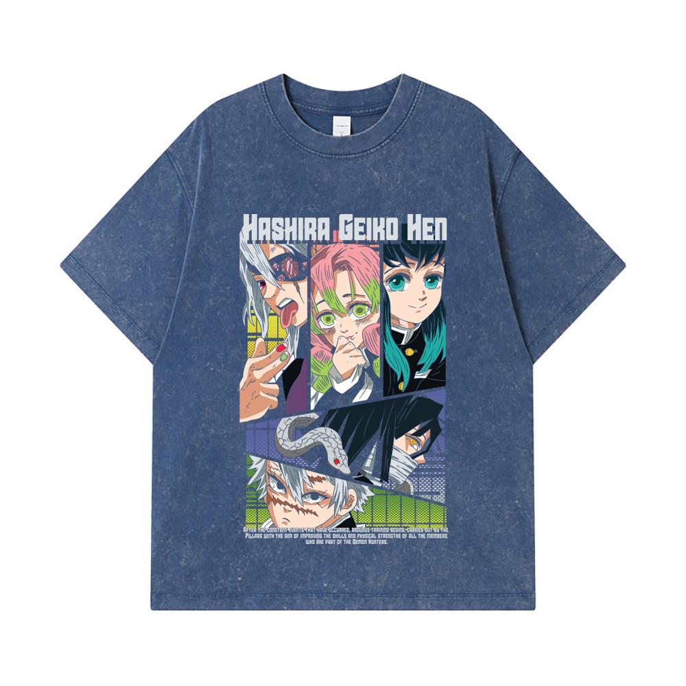 

275 GSM Washed T-shirts 100% Cotton Demon Slayer V18 Hashira Geiko Print Unisex Heavy Cotton T Shirt 2XL королівський синій колір