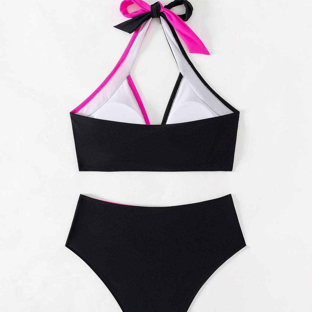 2025 Women's European/American Colorblock Halter High-Waist Bikini Set