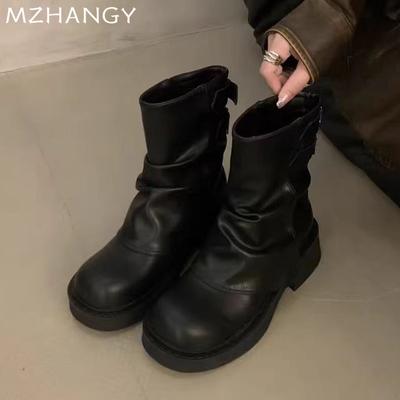Fashion Women Leather Platform Boots Chunky Mid Calf Shoes Woman 2024 Trend Goth Chelsea Boots Pumps Winter New Fashion Mujer Snow Boots
