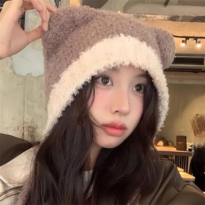 Velvet Bear Ears Strap Pullover Cap Women'S Winter Warm Ear Protection Knitted Warm Bomber Hat