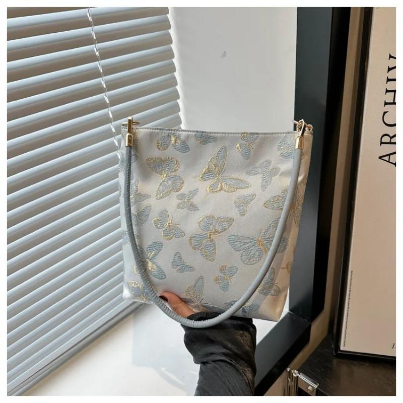Retro Butterfly Women's Clutch Purse Handbags Embroidery Female Shoulder Bags Bamboo Leaf Pattern Ladies Underarm Bucket Bag