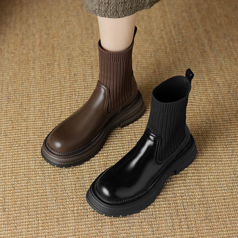 Krazing Pot Microfiber Autumn Winter Shoes Thick High Heels Flat Platform Size 43 Motorcycle Boots Knitwear Non-slip Ankle Boots