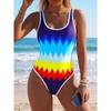 Costume da bagno intero estivo sexy con stampa geometrica, vestibilità aderente e snellente, profondo scollo a U sulla schiena, costume da bagno alla moda che attira l'attenzione per spiaggia, piscina, vacanza