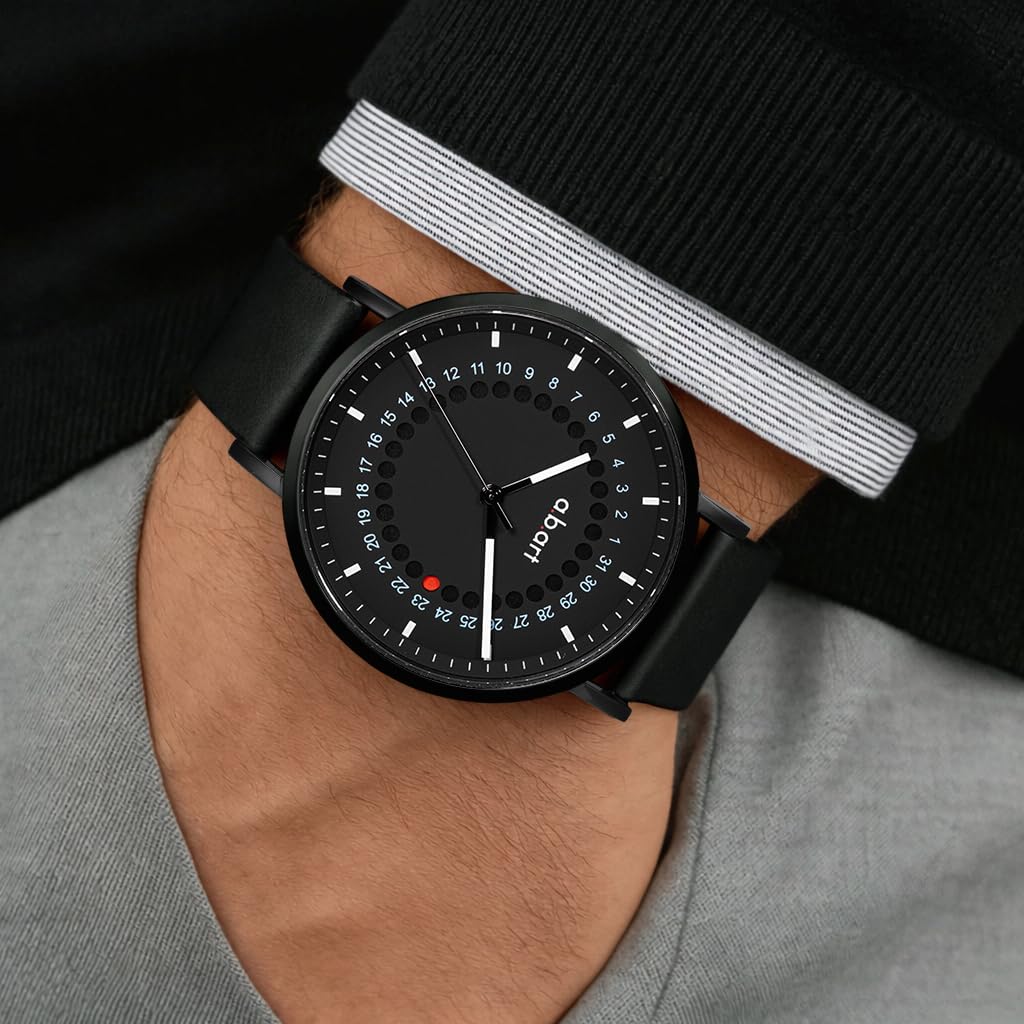 A.b.art Men's Watch, Red Dot Jump Date Calendar, Swiss Made Ronda Quartz Movement, Sapphire Crystal, Minimal Bauhaus Design, Black Leather Strap, 41 M