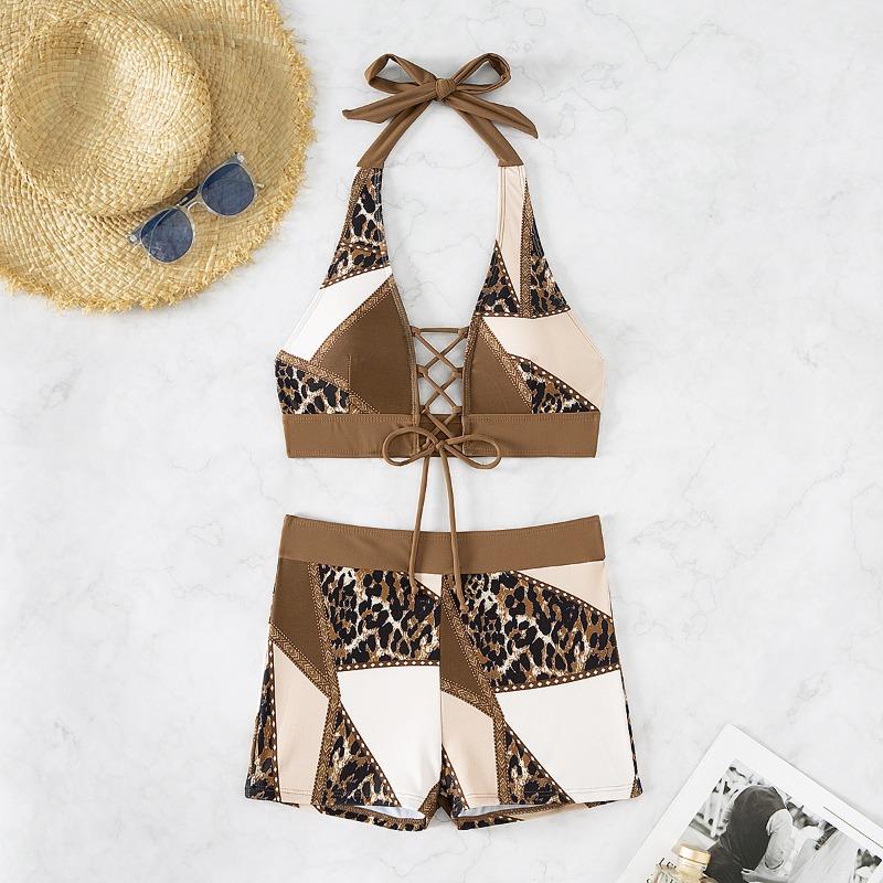 Swimsuit split two-piece leopard print stitching sexy brown seaside vacation bikini set with cross straps