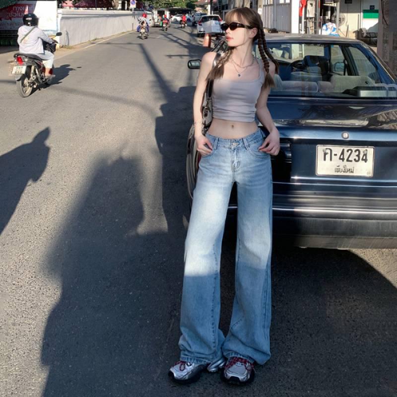 

American Retro Spicy Girl Loose Wide-Leg Jeans - Versatile Spring/Summer Straight-Leg Women s Pants with Extended Length S