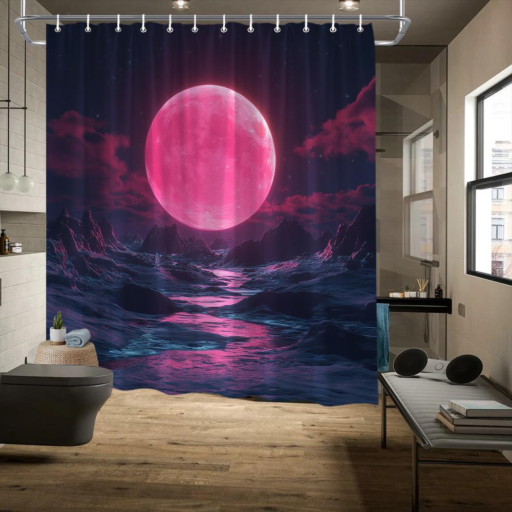 

1Pc Pink Moonlit Snowy Mountains Shower Curtain - Full Moon Glow, Digital Art, Ethereal Atmosphere, 70X70In, Polyester, 12 Hooks W60H190(CM)-1 Pcs