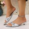 Sexy Silver Glitter Strap Slip On Sandals Women 2025 Summer Pointed Toe Slippers Comfortable Medium Heels Slides Size 42