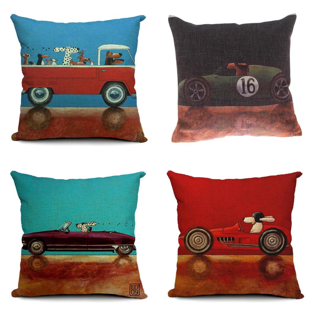 Vintage Car Dog Print Pillow Case In Beautiful Cotton Linen For Stylish Home Decor