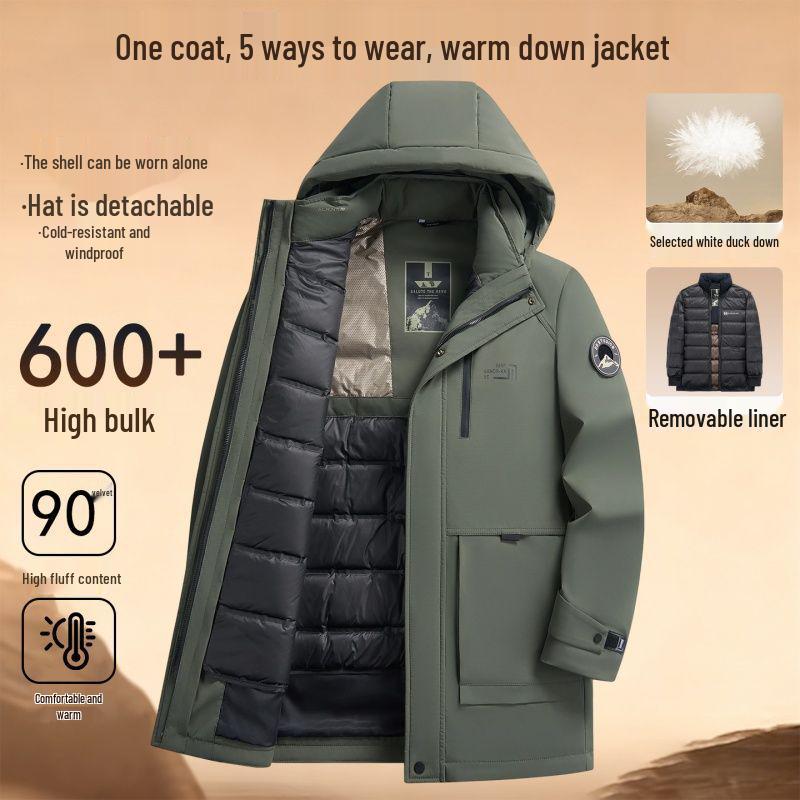 Men's Mid-Length Fitted Down Jacket with Detachable Liner - Business Casual Winter Wear