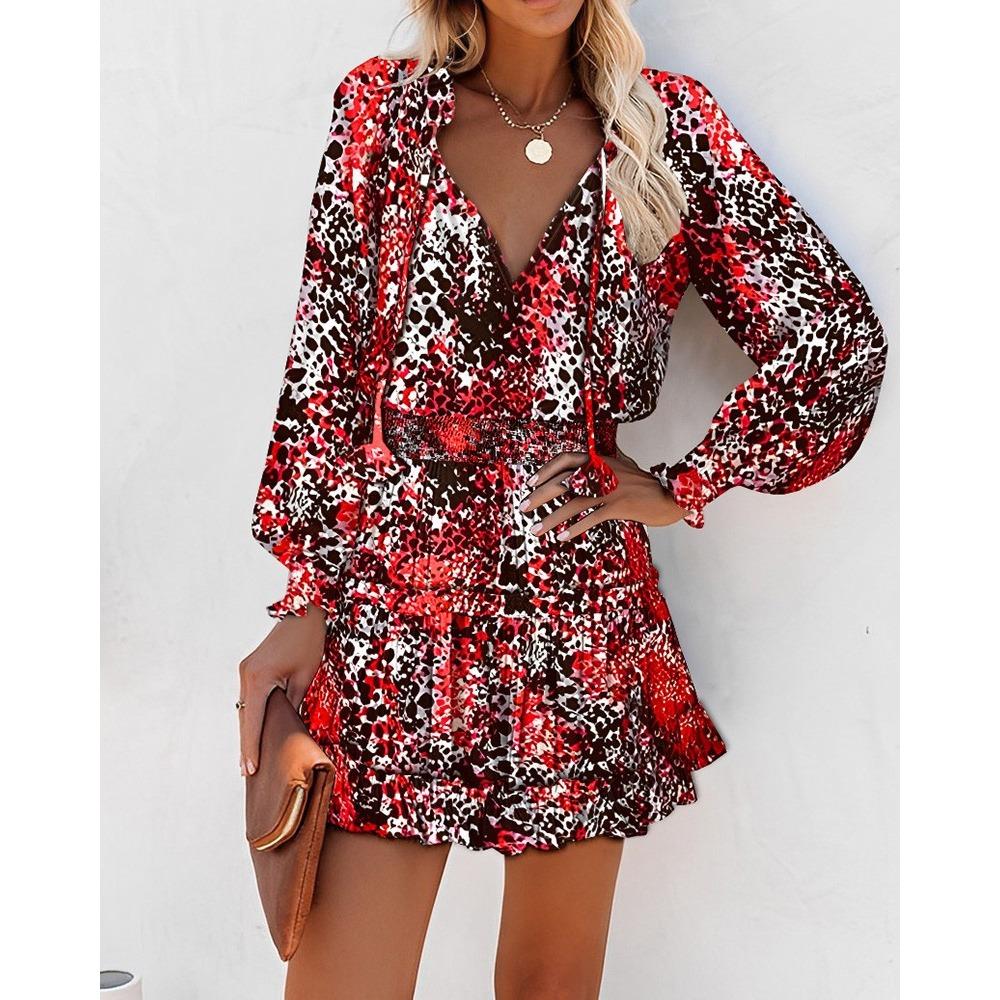 IHUASU Spring Summer Long Sleeve V-neck Fashion Print Waist Dress for Women