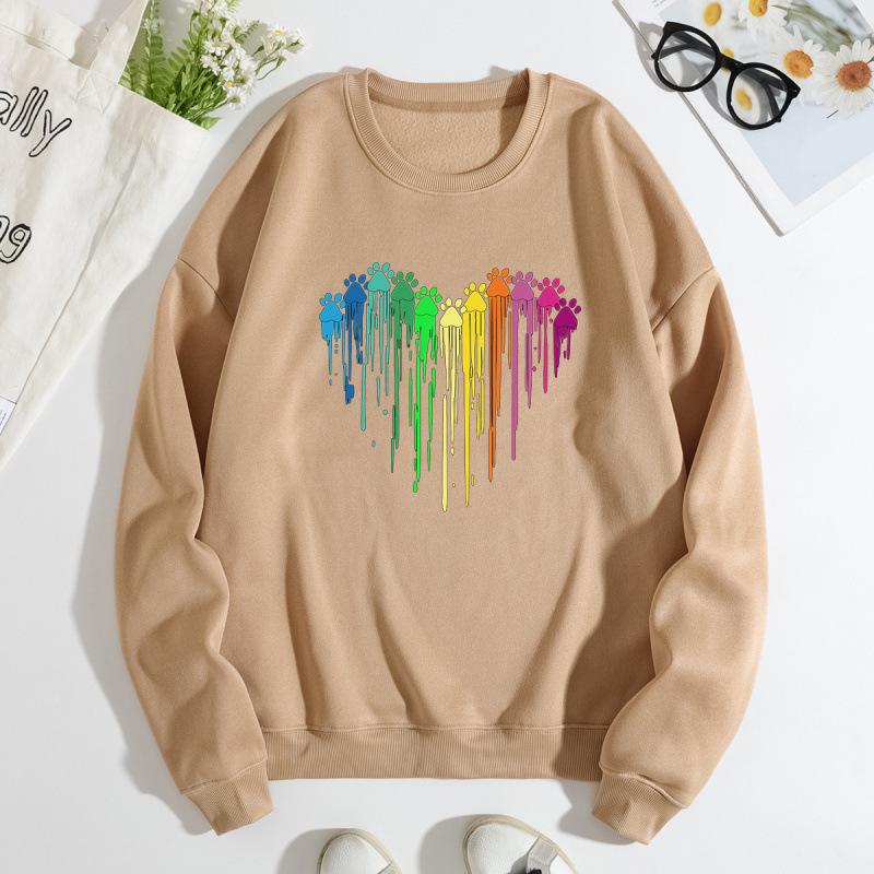 European and American Women's Colorful Heart Shape Loose Hoodie - Plus Velvet, Round Neck, Long Sleeve.