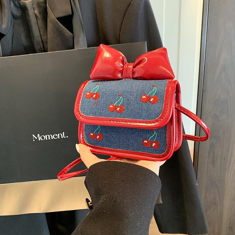 Children Cherry Bow Fruit Pattern Mini Purse With Embroidery Key Holder Girls