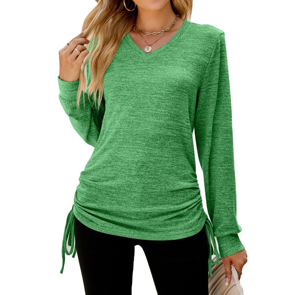 2024 European And American Autumn And Winter New Solid Color Long Sleeved V-Neck Pleated Loose T-Shirt Top For Women